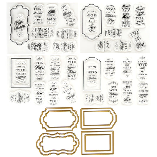 Assortment of Fantastic Sentiment Stamps and Dies for crafting, featuring various phrases and decorative borders to create your own sentiments.
