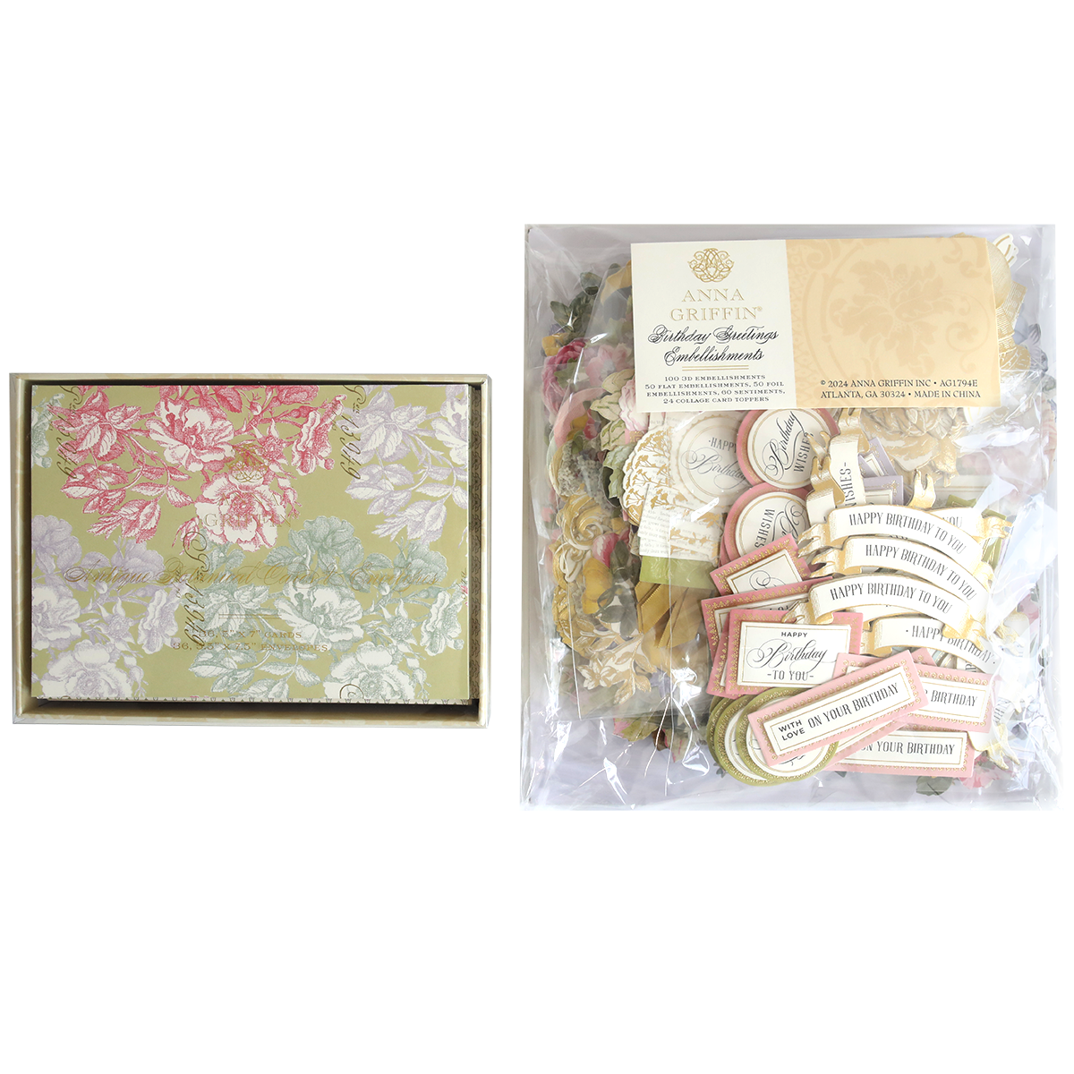 The Birthday Greetings Card Making Bundle features floral stationery, collage card toppers, and assorted embellishments with birthday and holiday greetings, all displayed side by side on a white background.