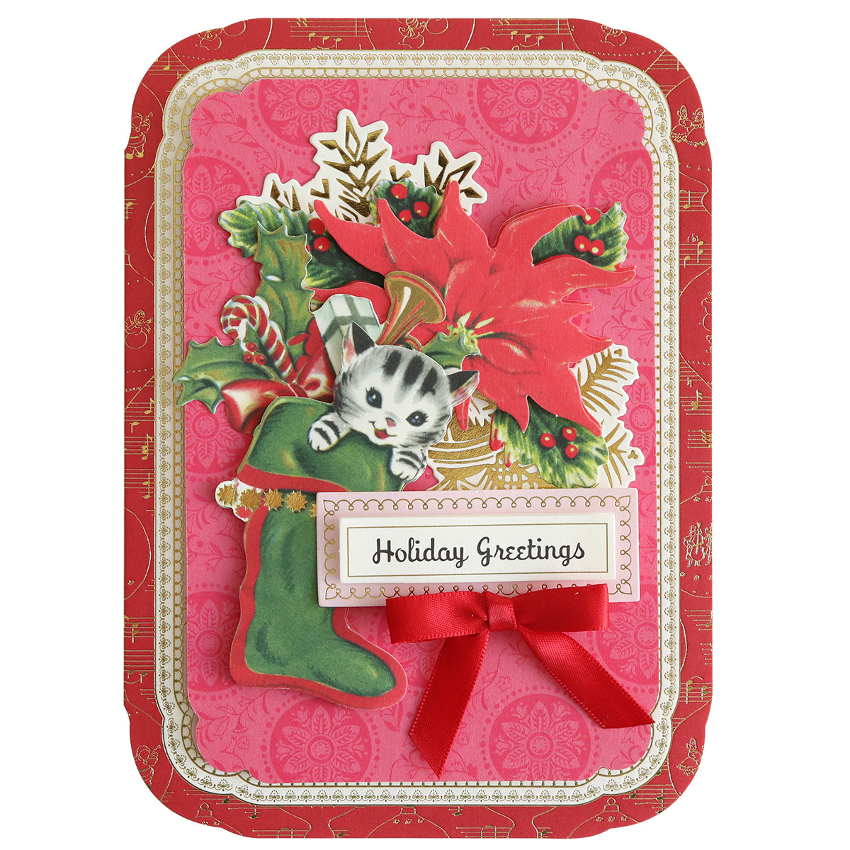 Create charming holiday cards with the Simply Retro Christmas Card Making Kit, featuring a festive design of a kitten in a green stocking. The kit includes 3D embellishments of poinsettias and holly on a red background, with the text "Holiday Greetings" accentuated by a red ribbon below. Ideal for those who love crafting detailed Christmas cards.