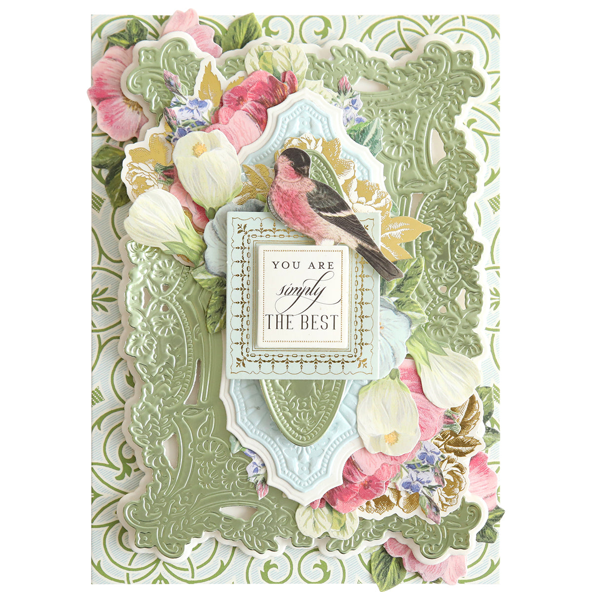 A stunning greeting card crafted with 3D Filigree Concentric Dies features layered floral and lace patterns, a bird, and a heartwarming "You are Simply the Best" message at the center.