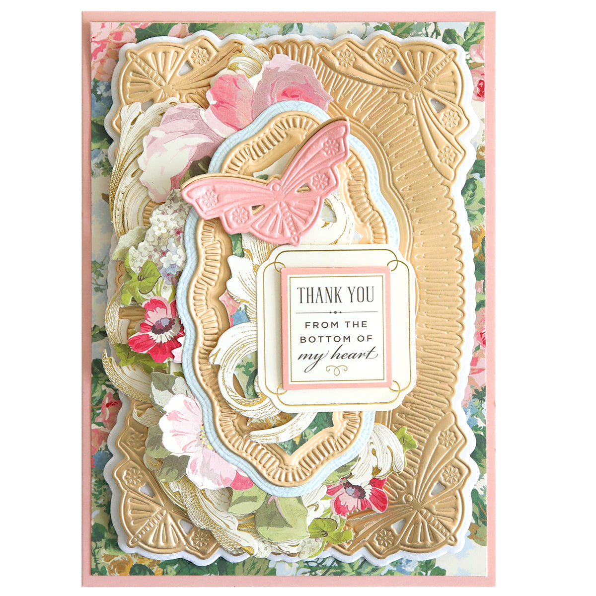 Show your gratitude with a handmade card using the 3D Butterfly Concentric Dies—featuring layered floral accents, ornate gold frames, and a pink 3D butterfly die cut—perfect for card makers who love intricate, heartfelt designs.