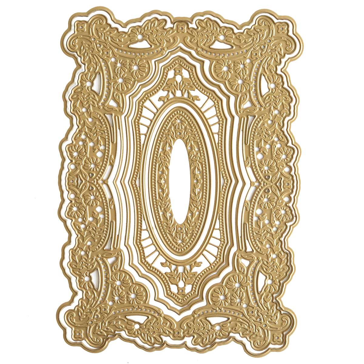 An ornate gold frame with floral and geometric patterns, centered on an oval design, reflects the elegance of 3D Filigree Concentric Dies against a transparent background.