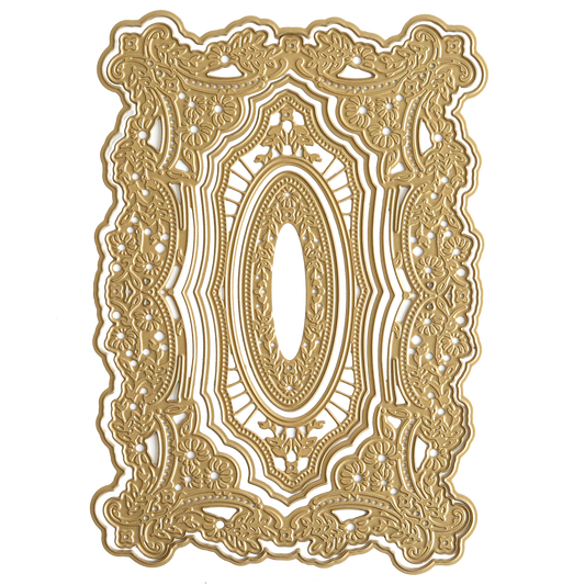 An ornate gold frame with floral and geometric patterns, centered on an oval design, reflects the elegance of 3D Filigree Concentric Dies against a transparent background.