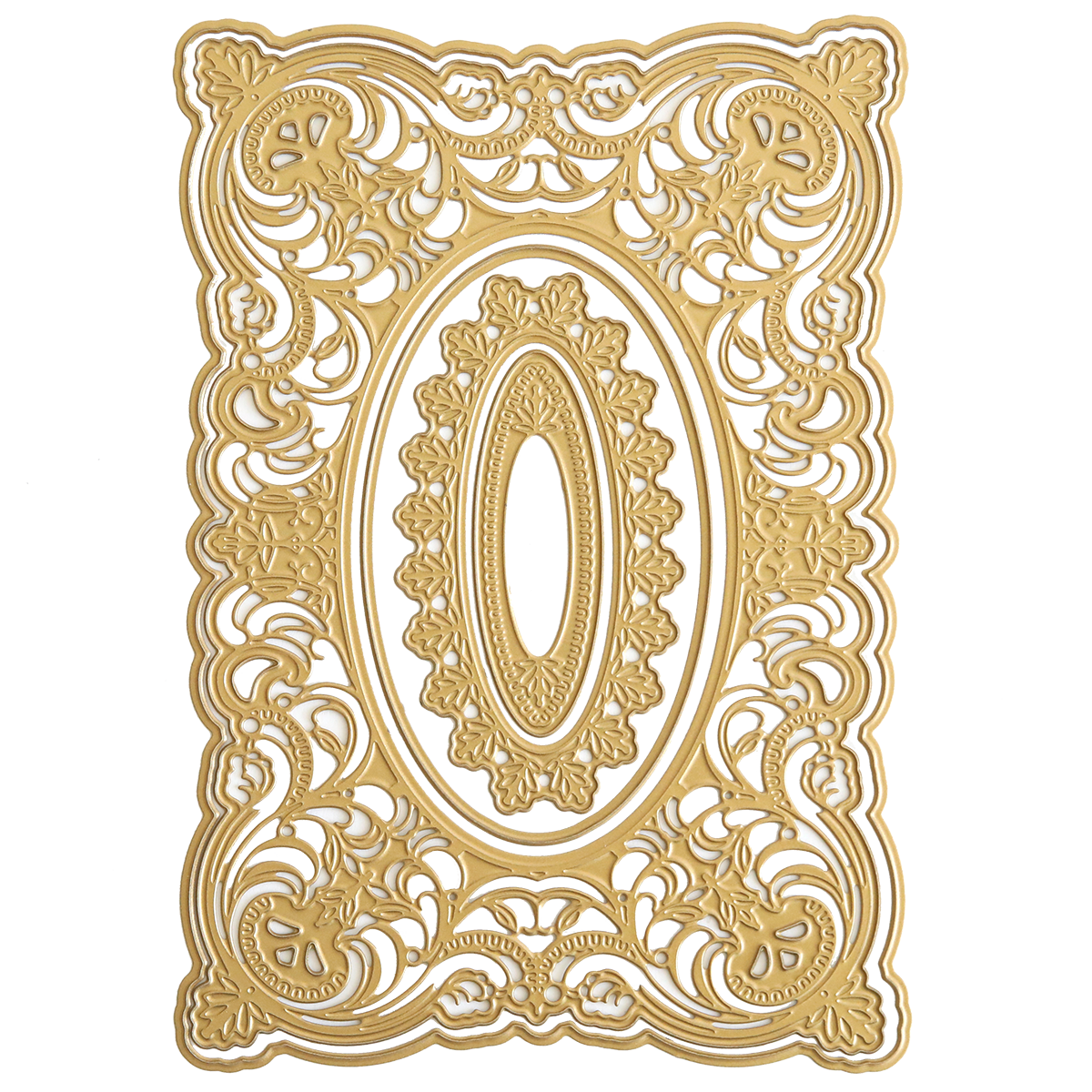 The 3D Baroque Concentric Dies features an ornate gold and beige rectangular frame with intricate floral and scroll patterns plus a decorative oval center—ideal for elegant 3D die-cut projects or crafting sophisticated frames.