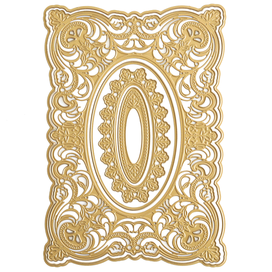 The 3D Baroque Concentric Dies features an ornate gold and beige rectangular frame with intricate floral and scroll patterns plus a decorative oval center—ideal for elegant 3D die-cut projects or crafting sophisticated frames.