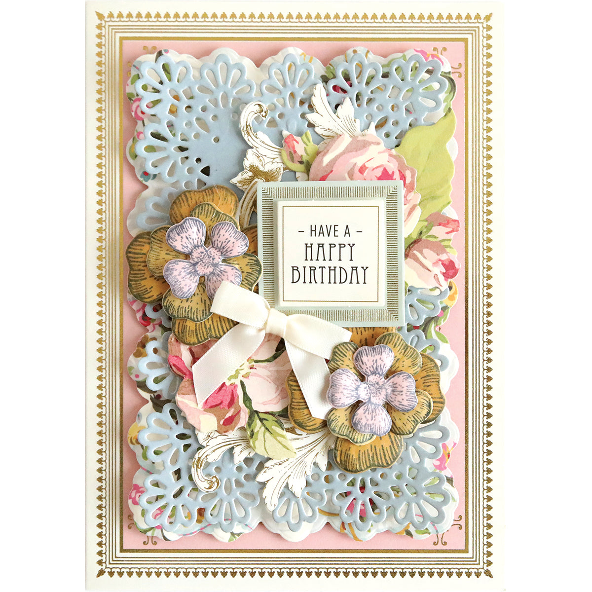 The "Molded Flower Autoship" is a decorative birthday card with floral patterns crafted using cutting dies, featuring a white bow and the message "Have a Happy Birthday" at the center.