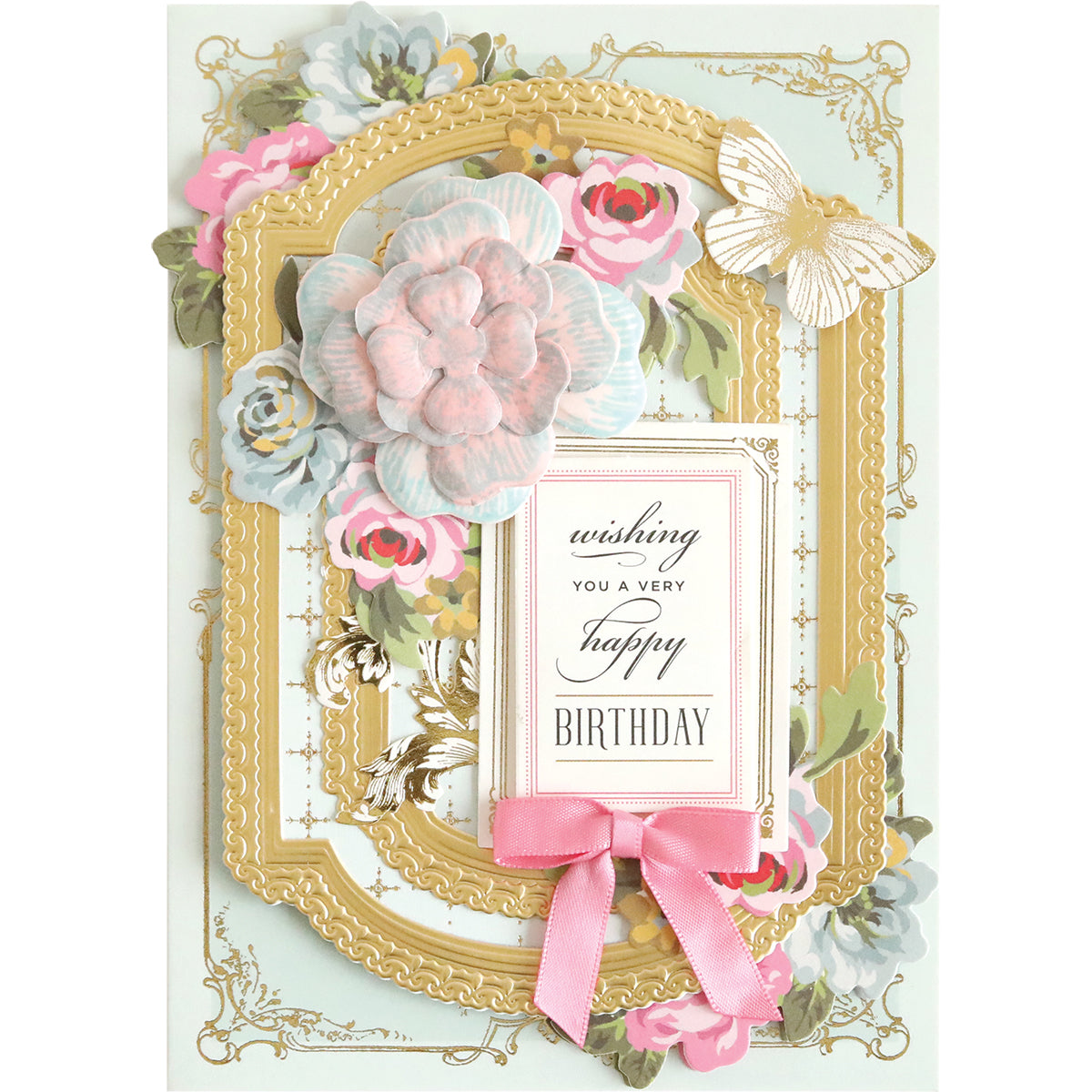 The Molded Flower Autoship birthday card showcases intricate floral designs with cutting dies, a pink bow, and a gold butterfly accent, centered around a happy birthday message.