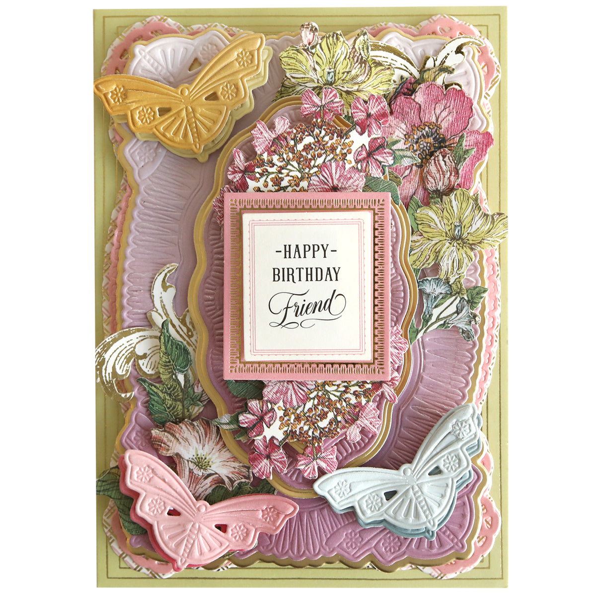 A decorative birthday card made with Ombre Double Sided Cardstock, featuring layered pastel flowers, butterflies, and a “Happy Birthday Friend” message—ideal for elegant paper craft enthusiasts.