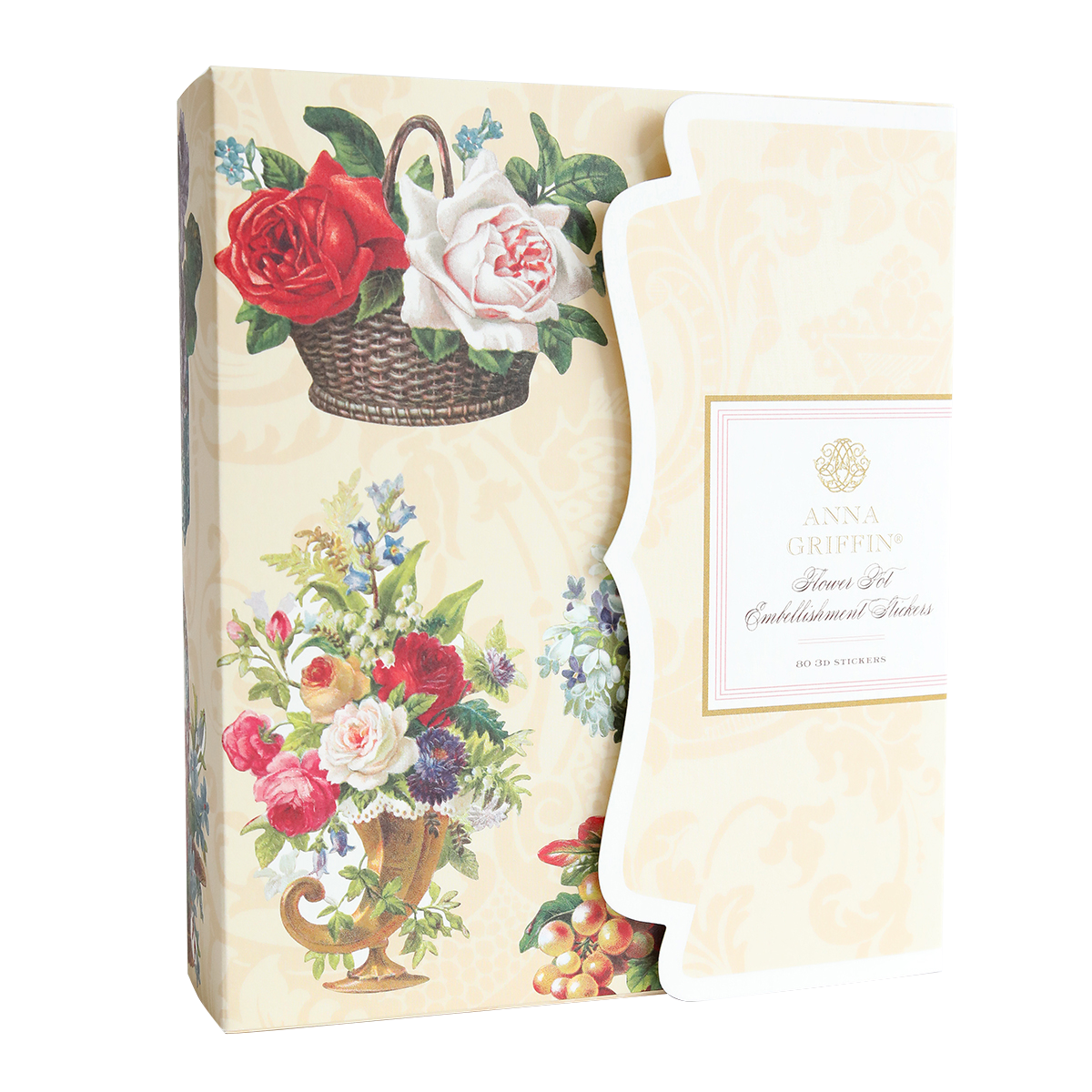 Flower Pot Stickers with floral motifs feature an open box displaying decorative paper and handcrafted cards embellished with elegant bouquets and ornate flower designs.