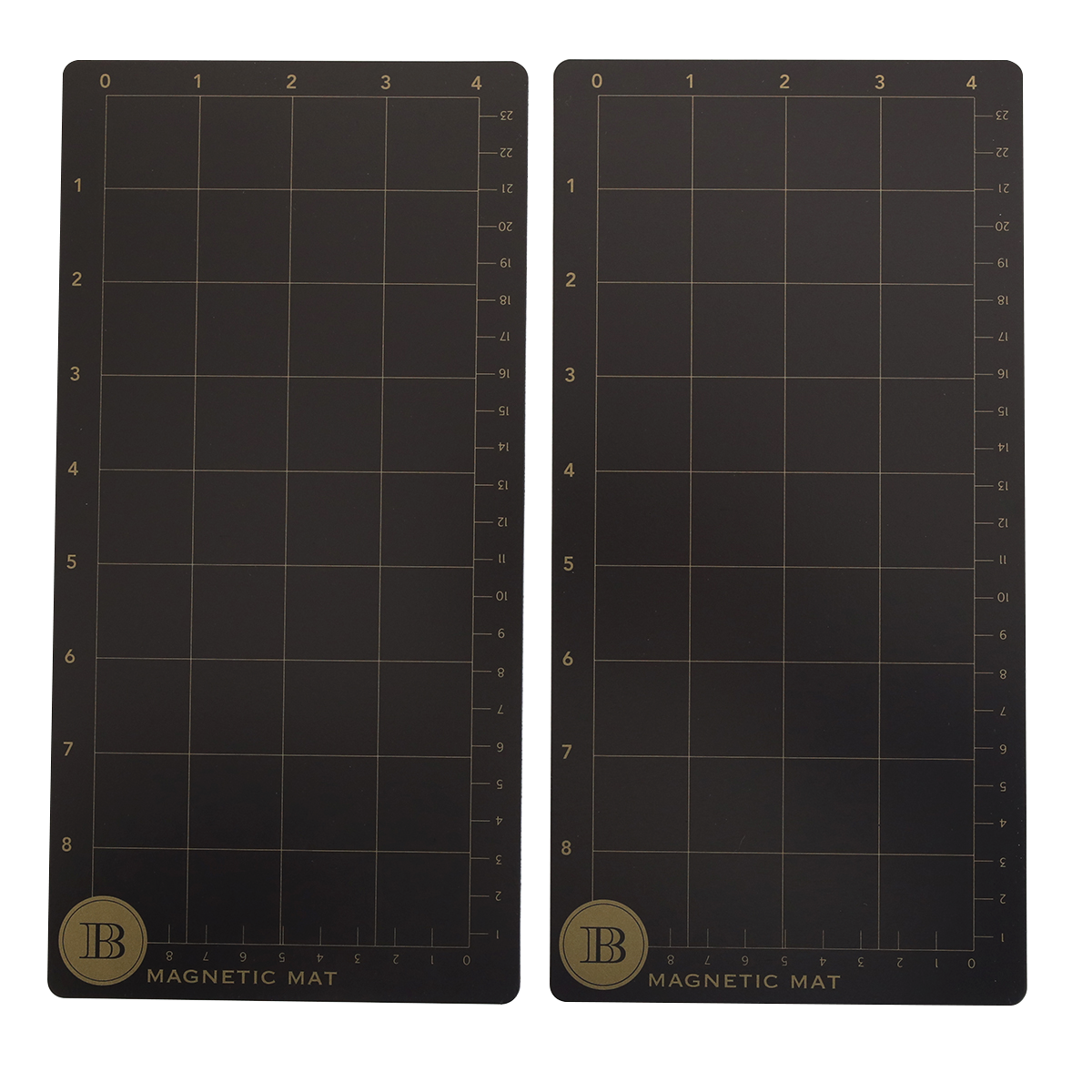 The Empress Elite Mini 5" x 10" Set of 2 Magnet Mats features two black rectangular mats with grid lines, numbered axes, “Magnetic Mat” labels, and gold “B” logos—ideal magnetic surfaces for accurate die cutting.