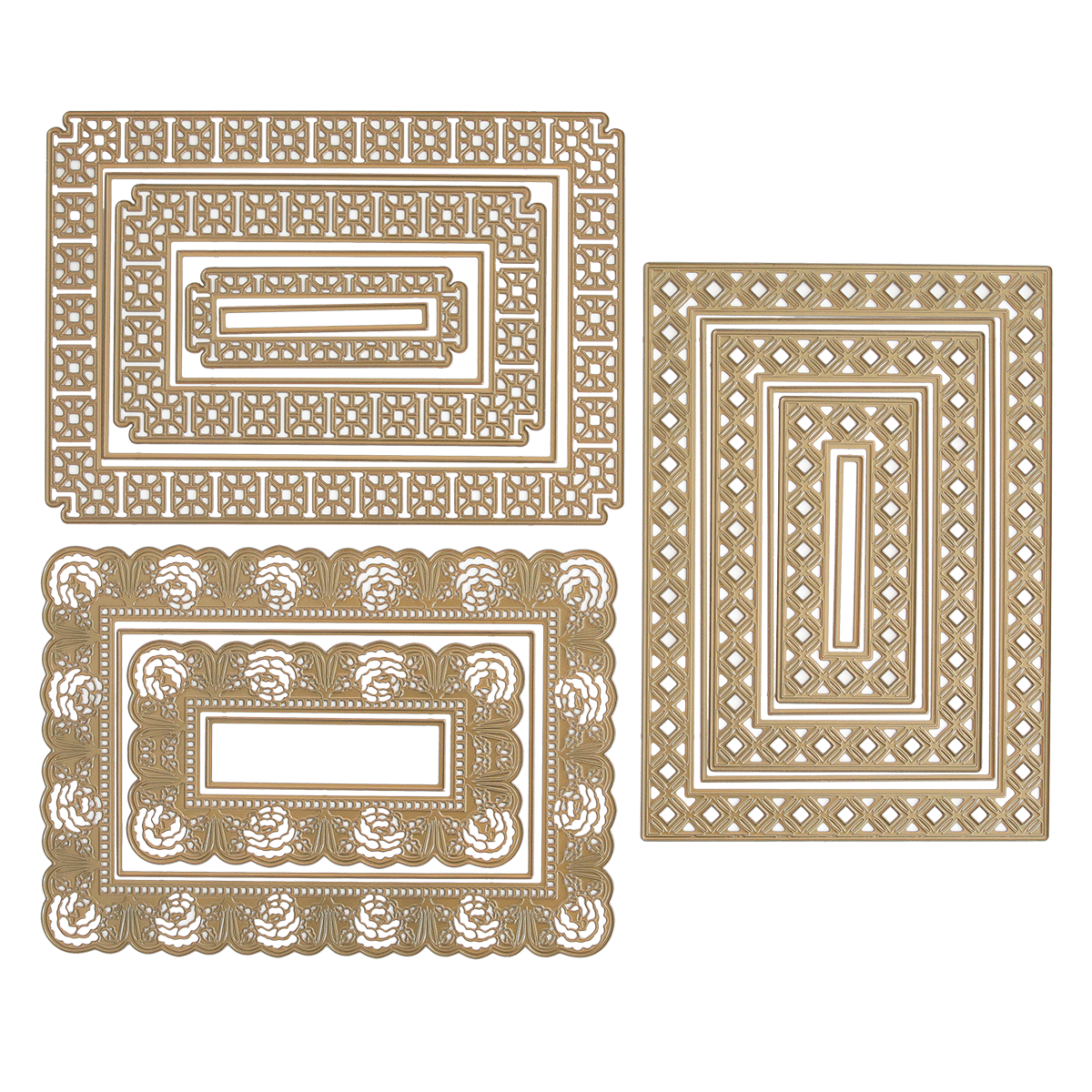 Three ornate, rectangular metal die-cut frames made with the Crop at Home 5 Frame Dies feature intricate geometric and floral patterns, arranged side by side—ideal for adding a dramatic layer to your handmade cards.