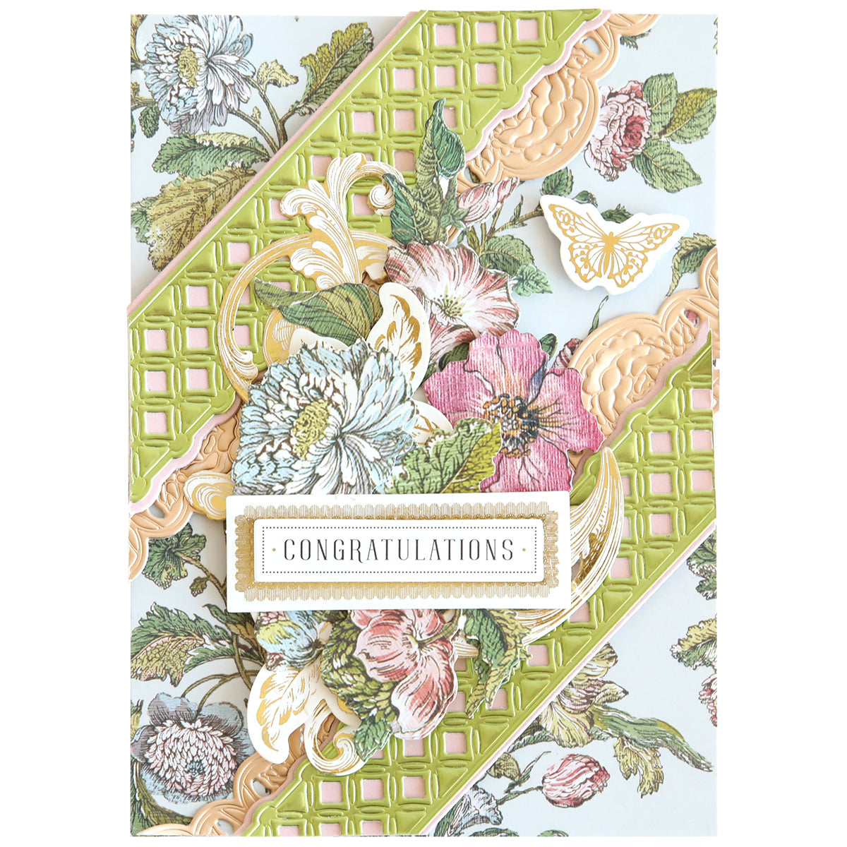 Handmade card featuring Elegant Frames and Borders Die Set in green, with floral paper, a butterfly cutout, and a rectangular label that reads “CONGRATULATIONS.”