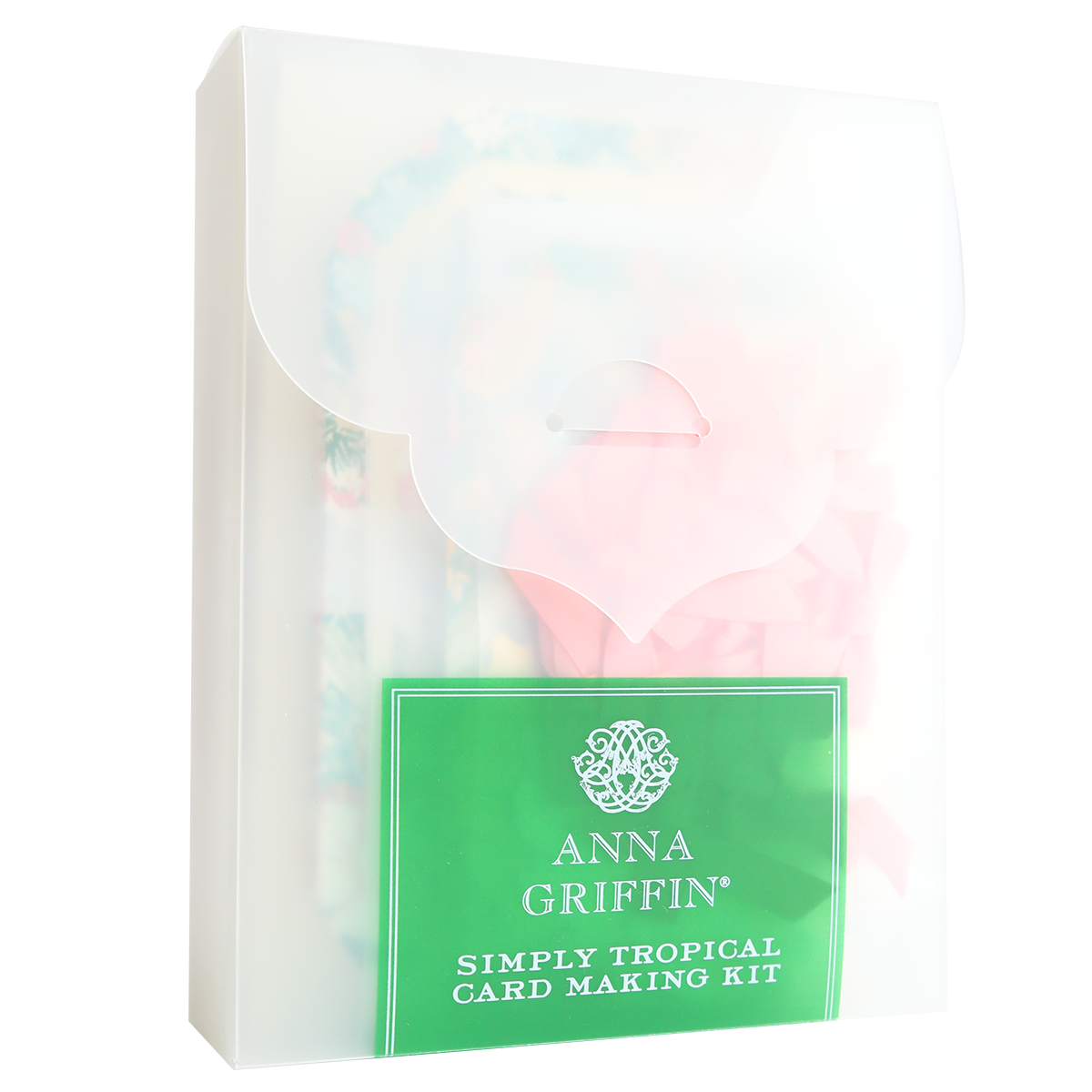 A translucent envelope labeled "Simply Tropical Card Making Kit" reveals vibrant card materials and 3D embellishments inside—ideal for crafting colorful handmade cards.