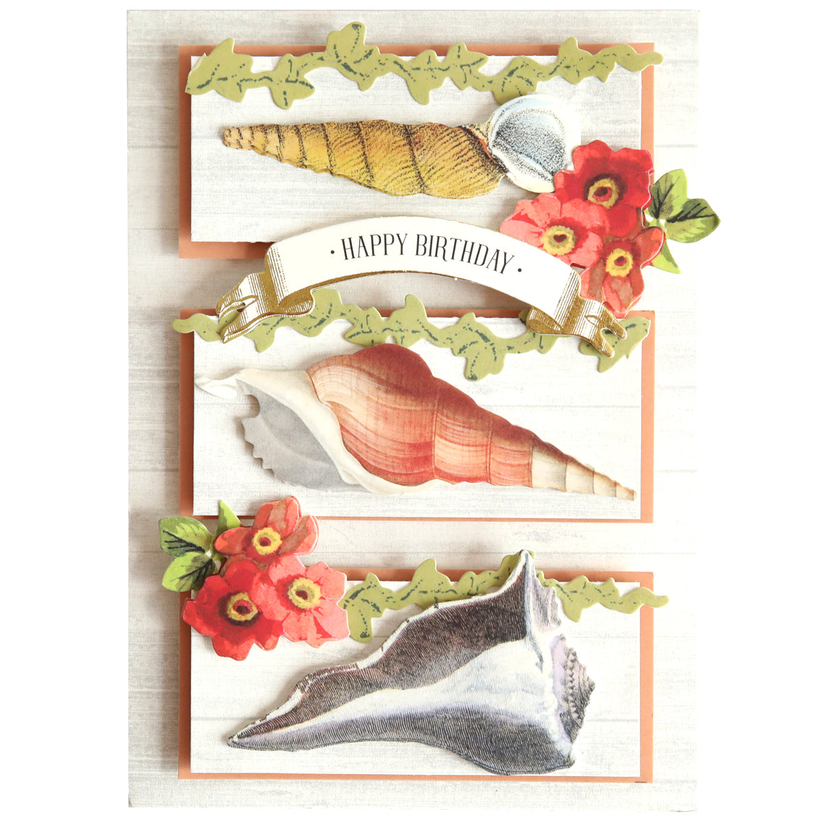 A birthday card with three seashells, red flowers, green leafy borders, and a "Happy Birthday" banner, complemented by Sea Treasure Stickers for a unique 3D effect.