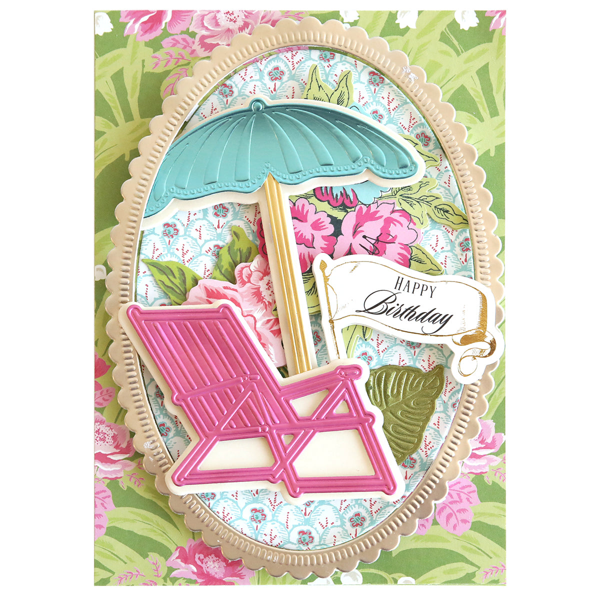The 3D Paradise Dies create a decorative birthday card with a pink lounge chair, blue umbrella, tropical oasis scene, floral patterns, and "Happy Birthday" label—perfect for scrapbooking.