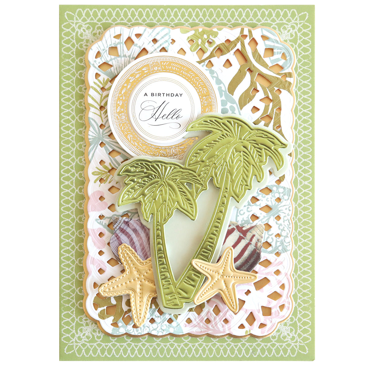 The 3D Paradise Dies create a festive birthday card reminiscent of a tropical oasis with palm trees, starfish, and intricate pastel patterns on a green background. Ideal for adding a scrapbook page flair to celebrations.