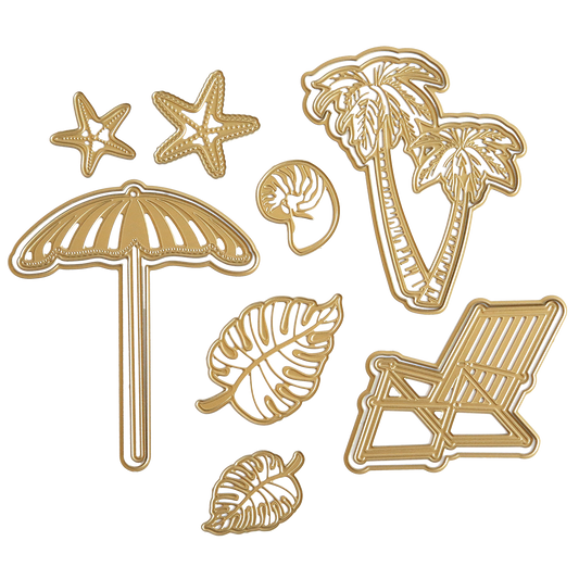 Gold and white illustrations of starfish, a seashell, palm trees, a beach umbrella, a chair, and tropical leaves evoke a tropical oasis—perfect for scrapbook pages using the 3D Paradise Dies to capture serenity.