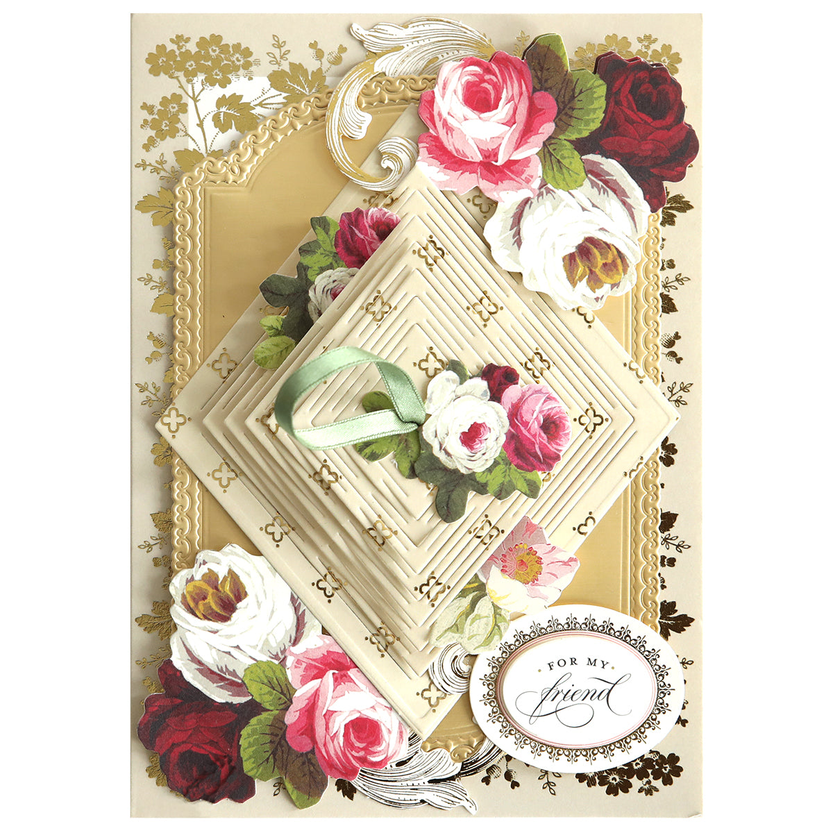 Create a stunning greeting card using the Diamond Kirigami Die Set, featuring layered cream panels, pink and red roses, a green ribbon, gold accents, and a "For My Friend" label for an elegant touch.