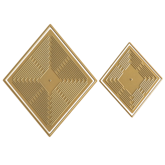 Two sizes of the Diamond Kirigami Die Set, both gold and square, are displayed side by side on a white background, featuring delicate layered designs.