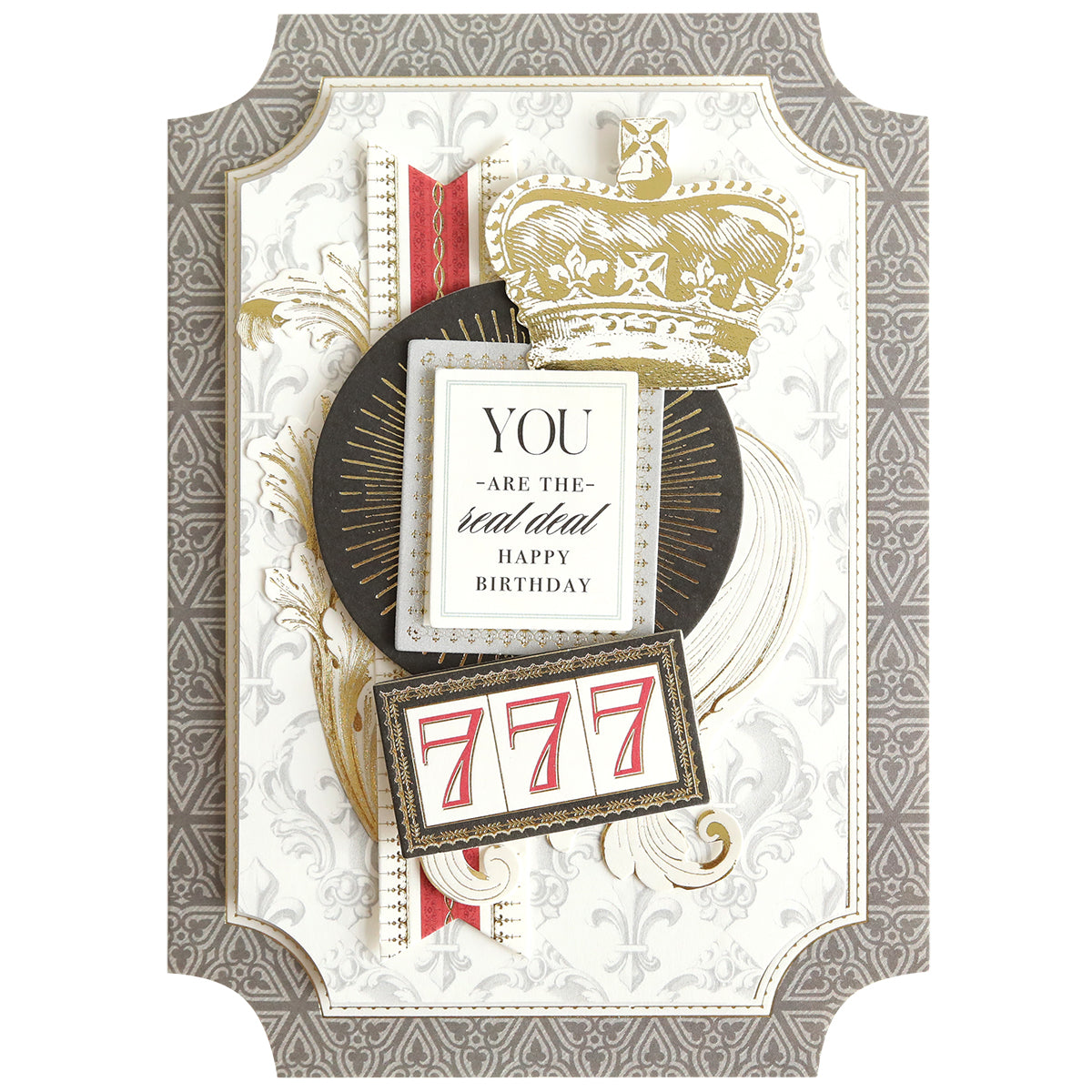 The Simply King of My Heart Card Making Kit features ornate patterns, a gold crown, 3D embellishments, a “YOU ARE THE real deal HAPPY BIRTHDAY” message, and a ‘777’ slot machine graphic—ideal for handmade card enthusiasts.