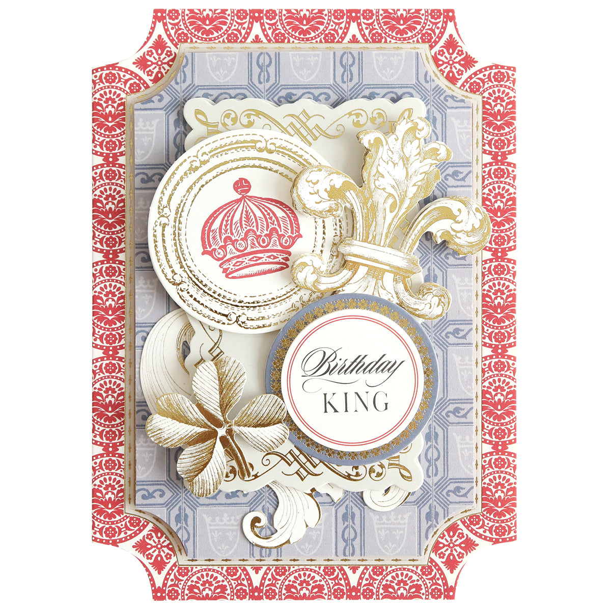 The Simply King of My Heart Card Making Kit features an ornate handmade birthday card with gold and red designs, crown, fleur-de-lis, flowers, and “Birthday King”—ideal for standout 3D embellishments in your crafts.