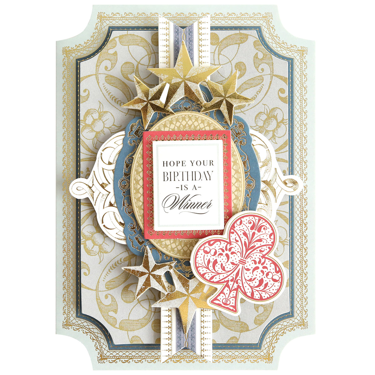 The Simply King of My Heart Card Making Kit features a decorative handmade card with gold stars, ornate patterns, a red club motif, and the message "Hope your birthday is a winner." Ideal for fans of 3D embellishments.