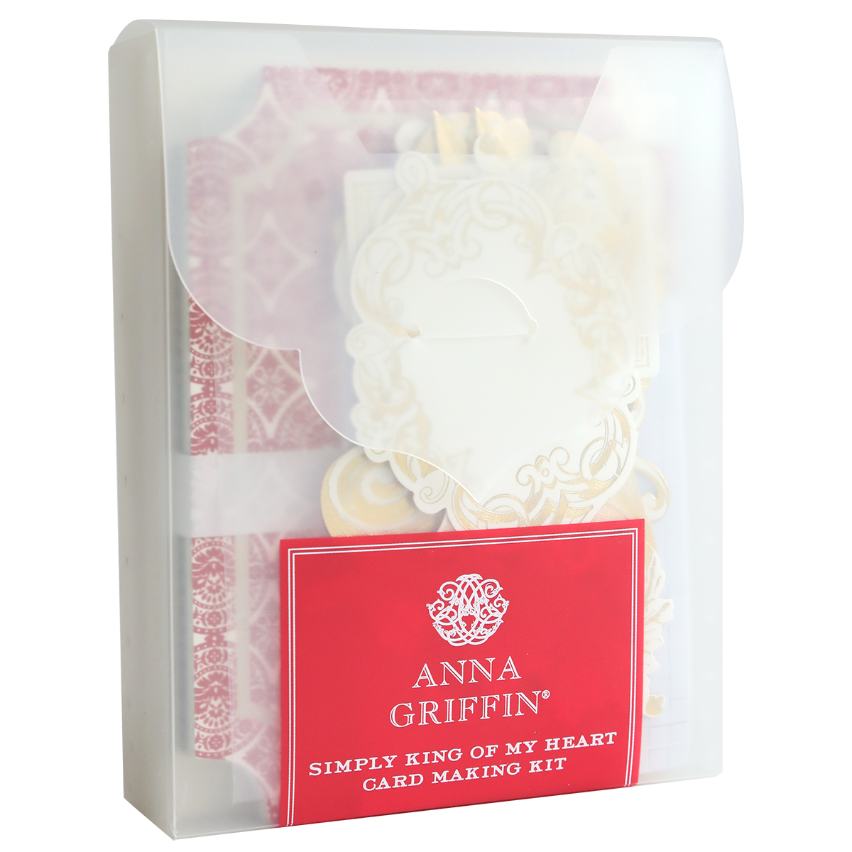 A translucent plastic case contains the Simply King of My Heart Card Making Kit, showcasing 3D embellishments and decorative materials for crafting beautiful handmade cards.