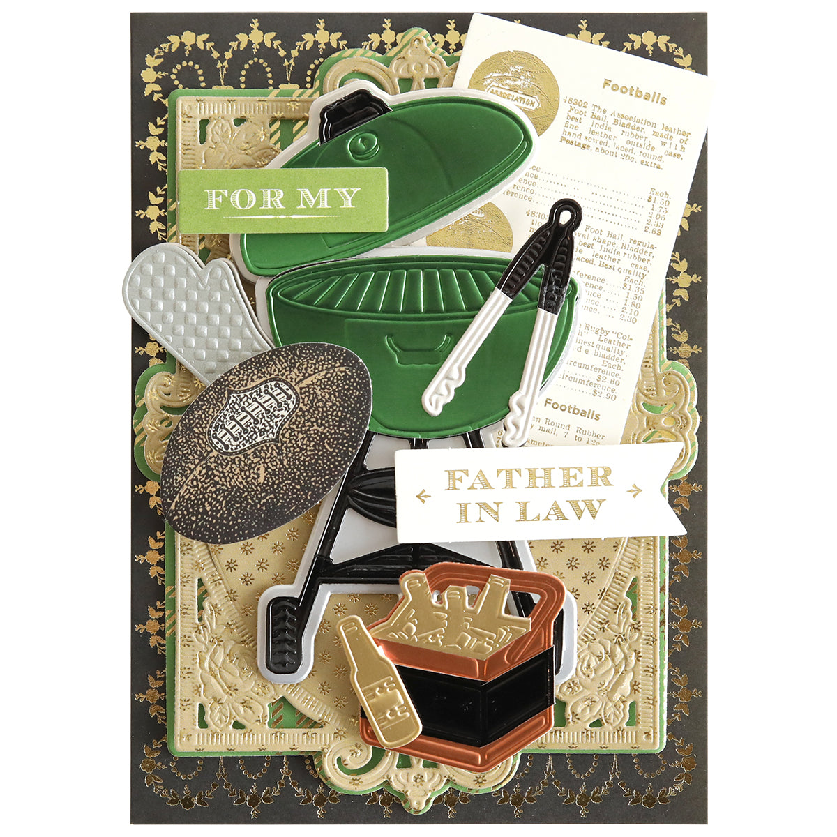 Greeting card featuring a BBQ scene with football-themed decor such as a grill, utensils, football, and beer glasses. Titled "For My Father-in-Law," it's ideal for crafting projects using our unique 3D BBQ Scene Dies.