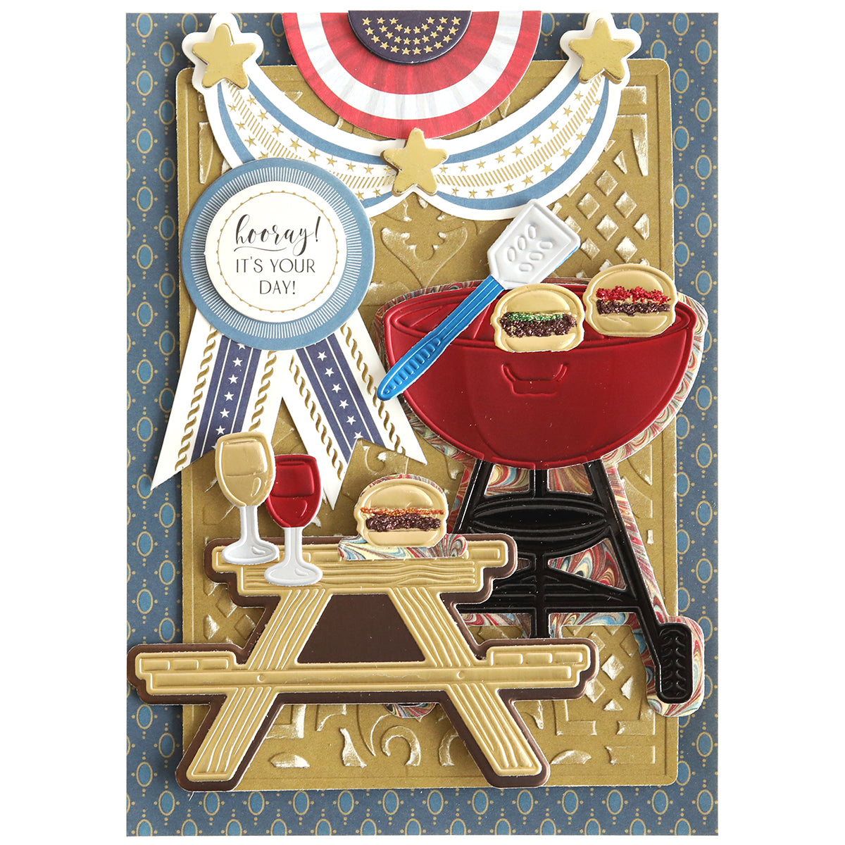 Celebrate with our card crafted using 3D BBQ Scene Dies. It features a grill, burgers, picnic table, wine glasses, and a "hooray! it's your day!" banner—perfect for any handcrafted project.