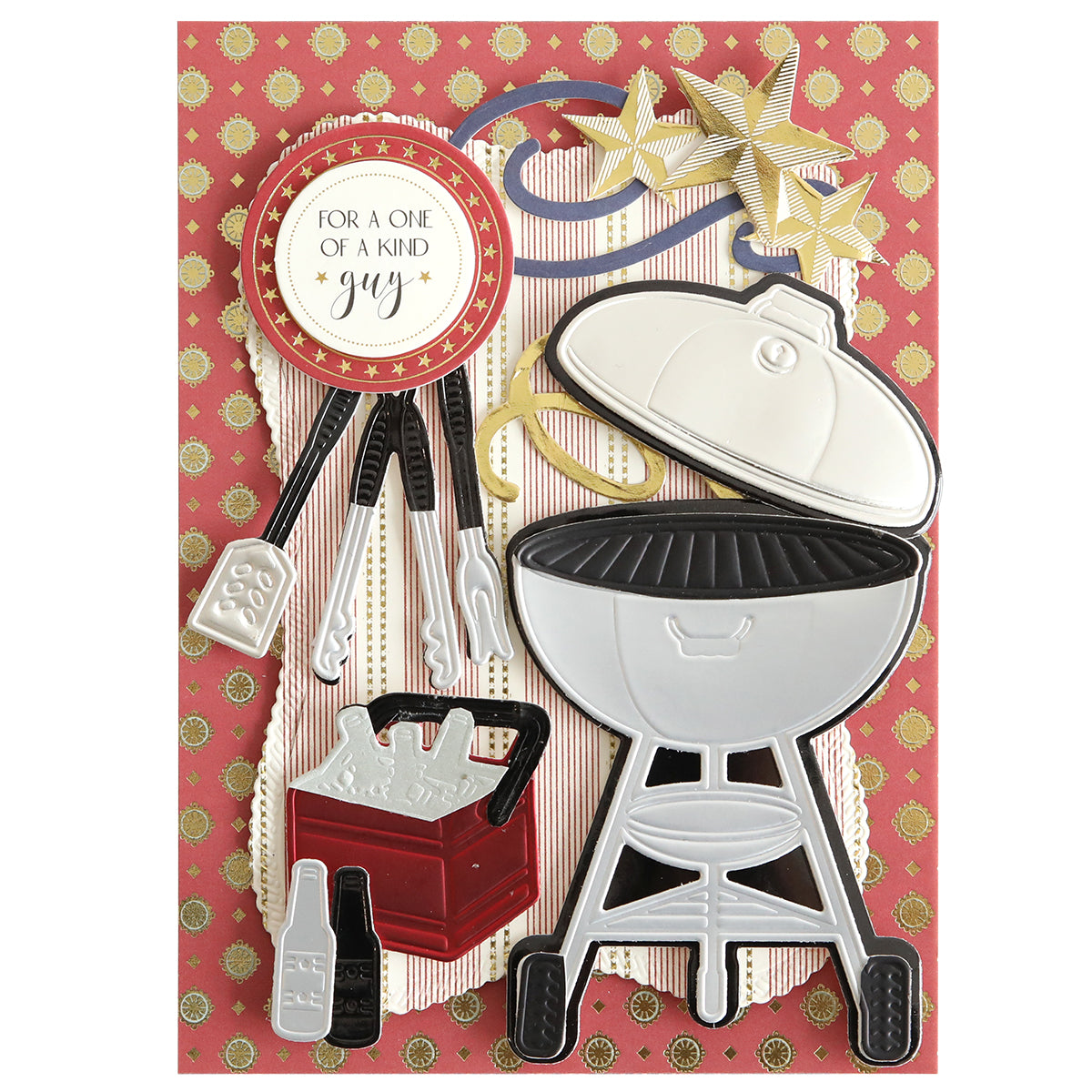 Create a unique barbecue-themed greeting card using 3D BBQ Scene Dies, which include a grill, tongs, spices, toolbox, bottle, stars, and the text "FOR A ONE OF A KIND guy" on a red patterned background. Ideal for personalized projects celebrating grilling.