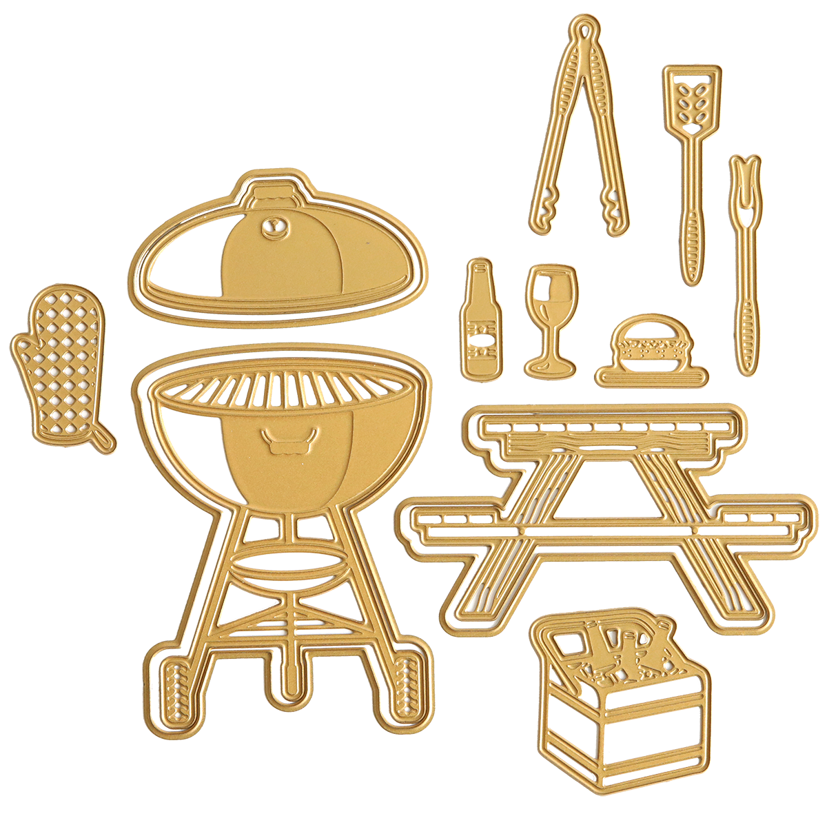 Our 3D BBQ Scene Dies feature gold outline illustrations of a barbecue grill, picnic table, beer bottle, wine glass, burger, picnic basket, grilling utensils, and oven mitt. With 14 dies, they add an elegant touch to your handcrafted projects for any occasion.