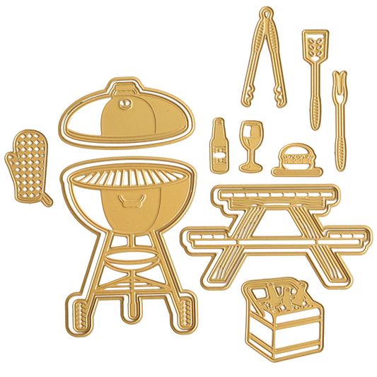 Our 3D BBQ Scene Dies feature gold outline illustrations of a barbecue grill, picnic table, beer bottle, wine glass, burger, picnic basket, grilling utensils, and oven mitt. With 14 dies, they add an elegant touch to your handcrafted projects for any occasion.
