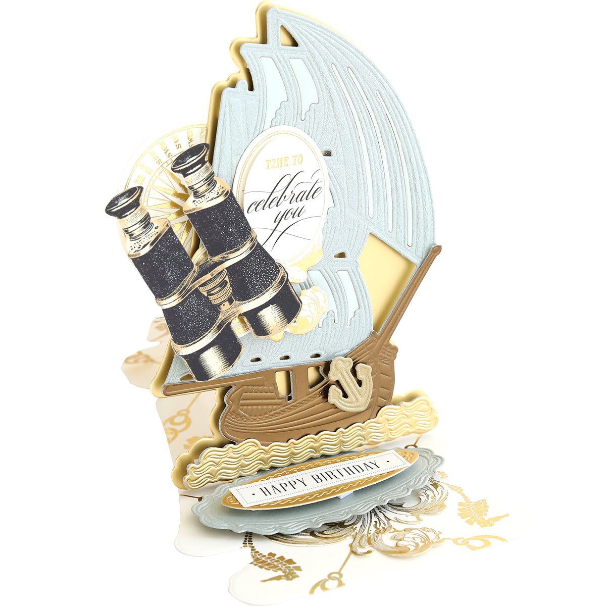 Discover the charm of a 3D pop-up birthday card with a majestic sailboat and binoculars. Our Schooner Easel Dies add "Time to celebrate you" and "Happy Birthday" in elegant lettering—ideal for mariners at heart.
