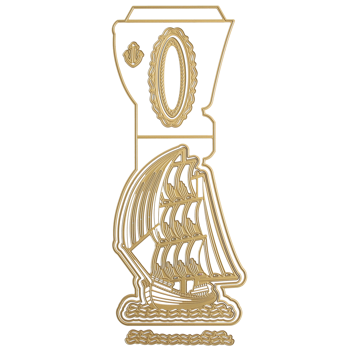 The golden ornate design highlights the Schooner Easel Dies, depicting a sailing ship with an abstract goblet-like shape above.