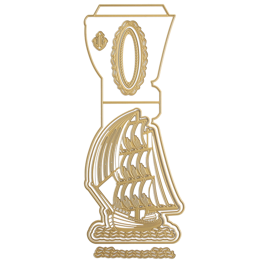 The golden ornate design highlights the Schooner Easel Dies, depicting a sailing ship with an abstract goblet-like shape above.