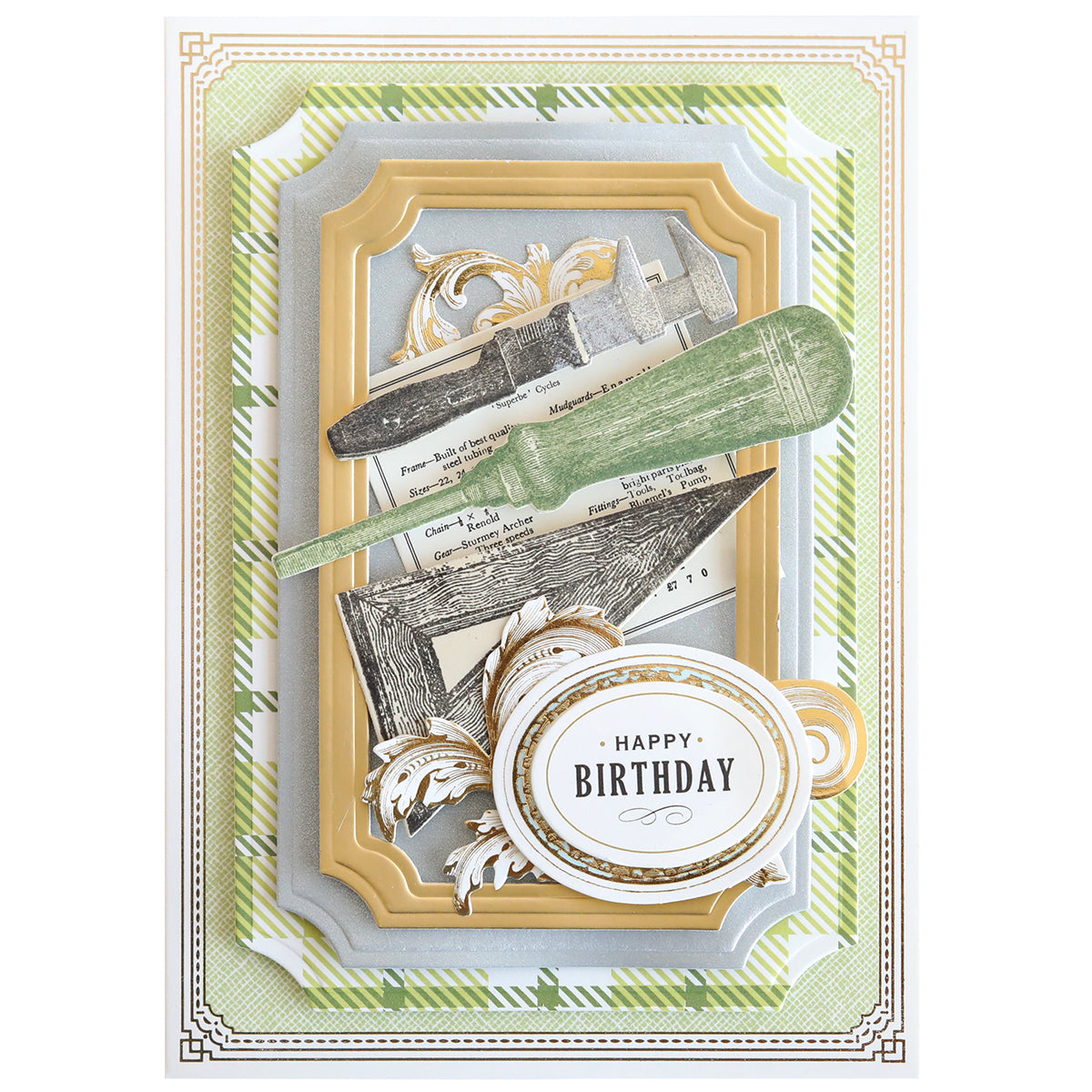A decorative “Happy Birthday” card made with Dad’s Tools Stamps & Dies, featuring layered frames, vintage tools, and ornate accents on a green plaid background—perfect for handyman-themed creations.
