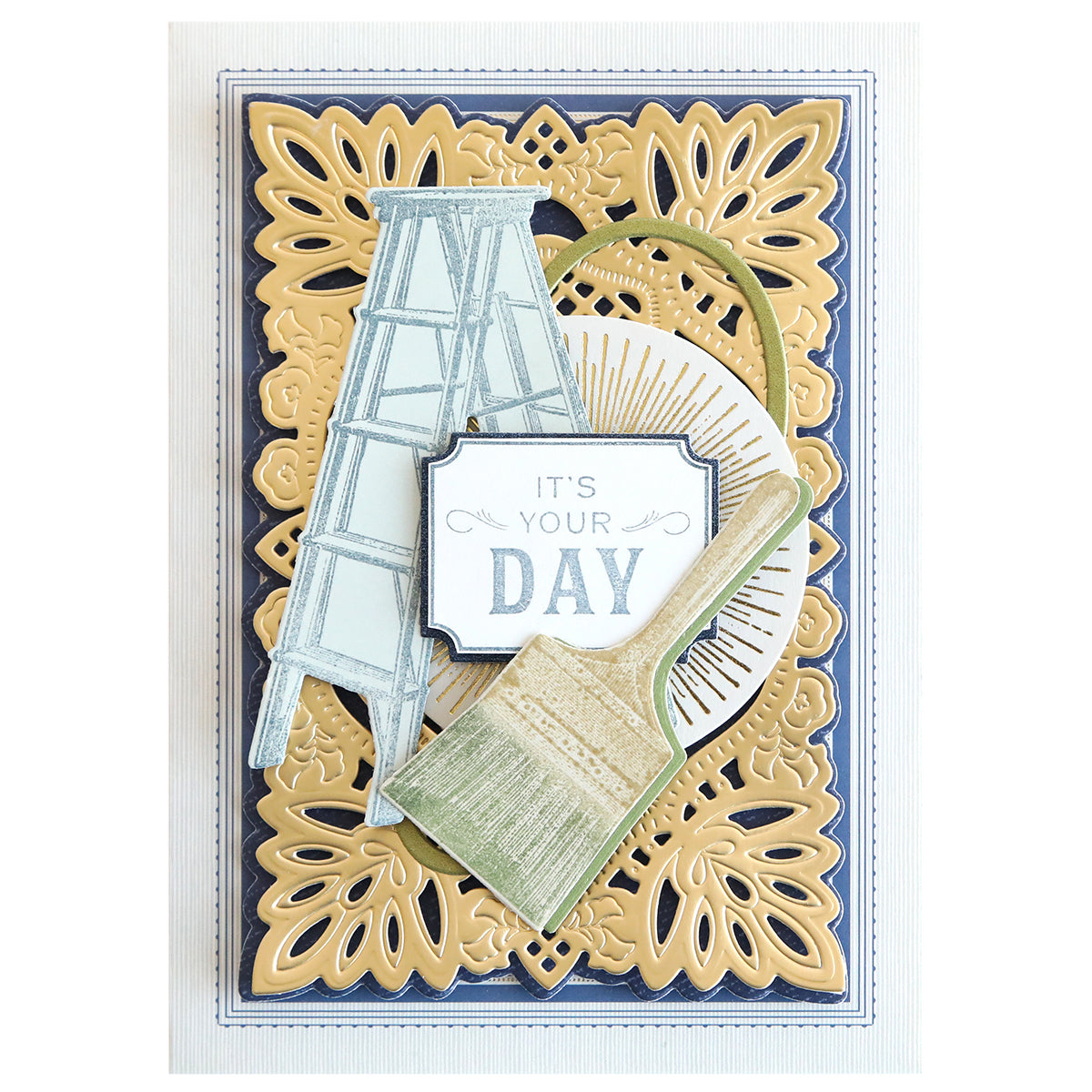 The Dad's Tools Stamps & Dies set features ladder and paintbrush dies plus "It's Your Day" on gold and blue layers—ideal for handyman cards or creative gift occasions.