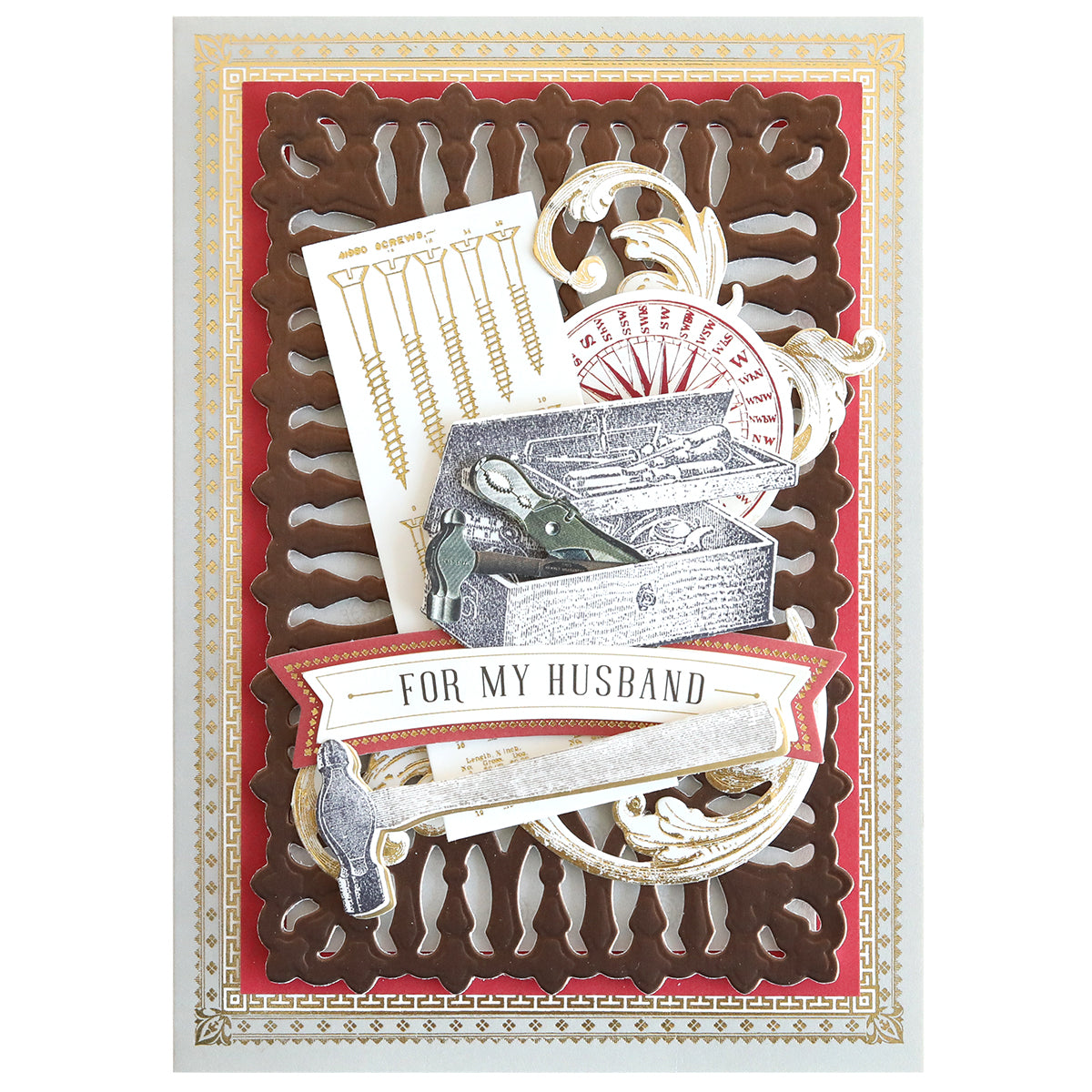 Greeting card featuring Dad's Tools Stamps & Dies—includes toolbox, screws, rulers, and a "For My Husband" banner—ideal for handyman cards with an ornate layered background and gold and red accents.