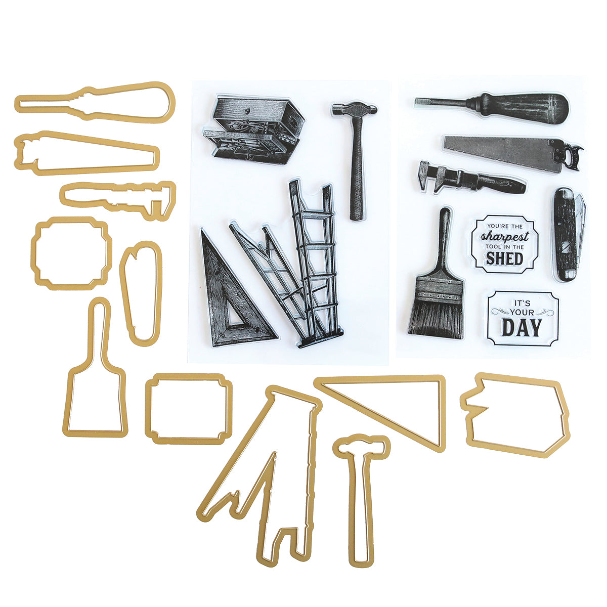 Dad's Tools Stamps & Dies set includes metal cutting dies and clear stamps of tools, toolbox, ladder, and tool-themed phrases—ideal for making unique handyman cards—displayed on a white background.