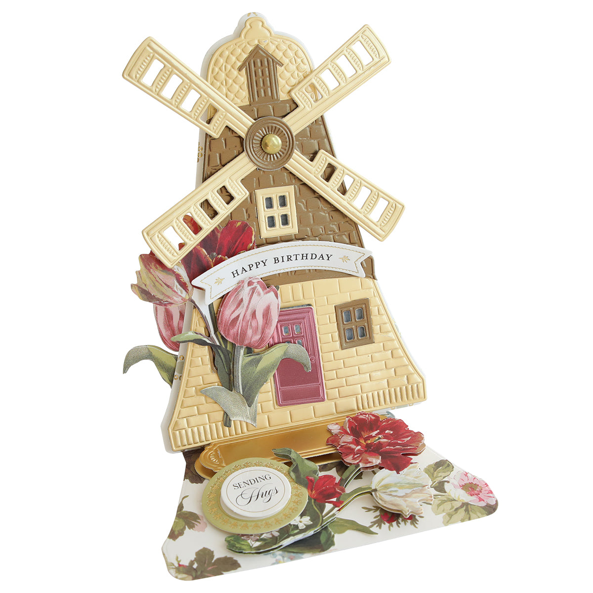 3D Windmill Easel Dies create a pop-up card with a windmill, tulips, roses, moving blades, and a "Happy Birthday" banner.