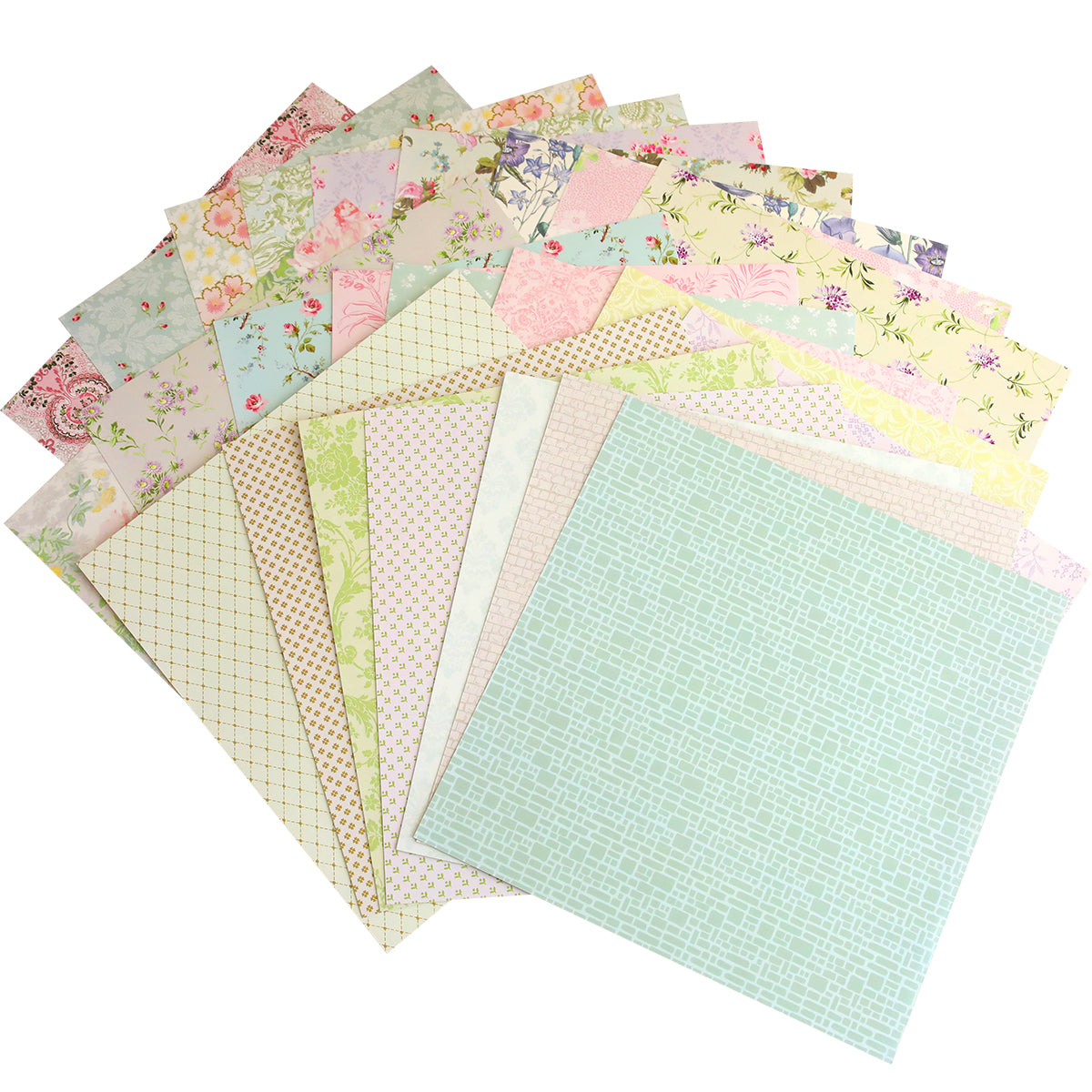 Windmill 12x12 Cardstock showcases assorted patterned scrapbook papers in pastel colors with floral, geometric, and dotted designs, all arranged in a fan shape.