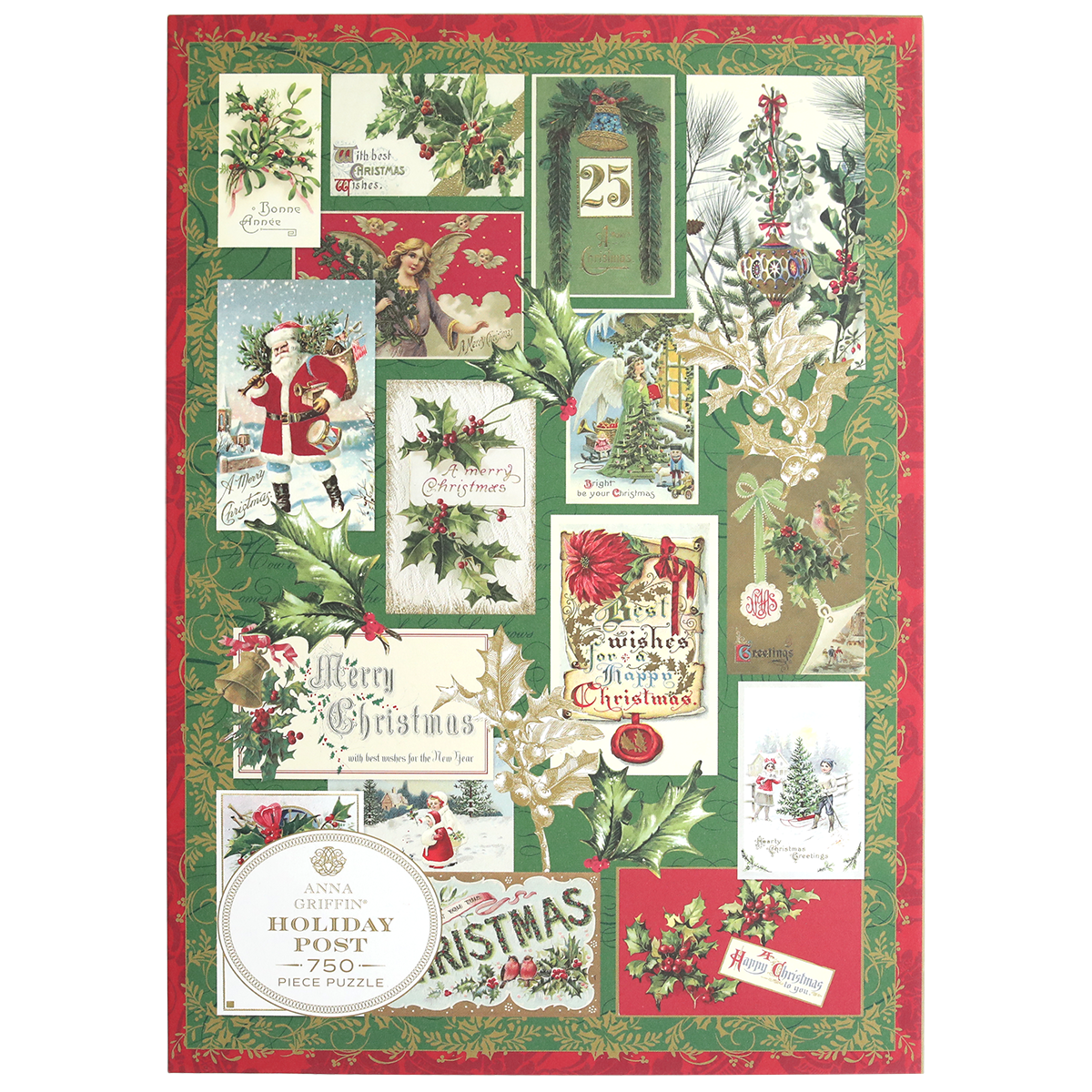 The Christmas Post Jigsaw Puzzle features vintage holiday postcards and illustrations with holly, Santa, and festive greetings on a green and red background—ideal for anyone who loves a nostalgic Christmas challenge.