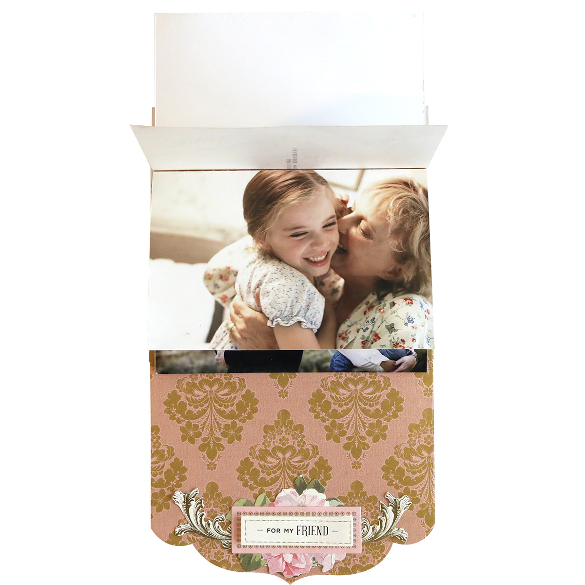 A greeting card with a floral pattern and a photo of a child hugging an older woman, labeled “For My Friend”—perfect to pair with scrapbook pages or Waterfall Dies for extra creativity.