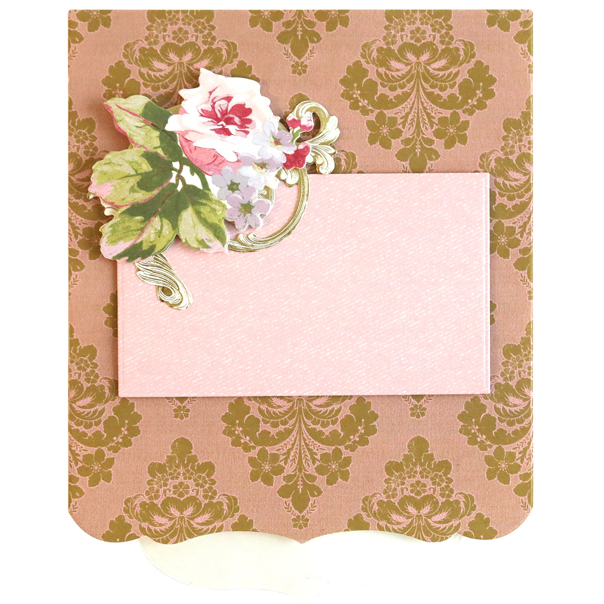 A decorative card with a gold floral pattern, a blank pink center, and a flower illustration—perfect for scrapbook pages or pairing with Waterfall Dies for interactive designs.
