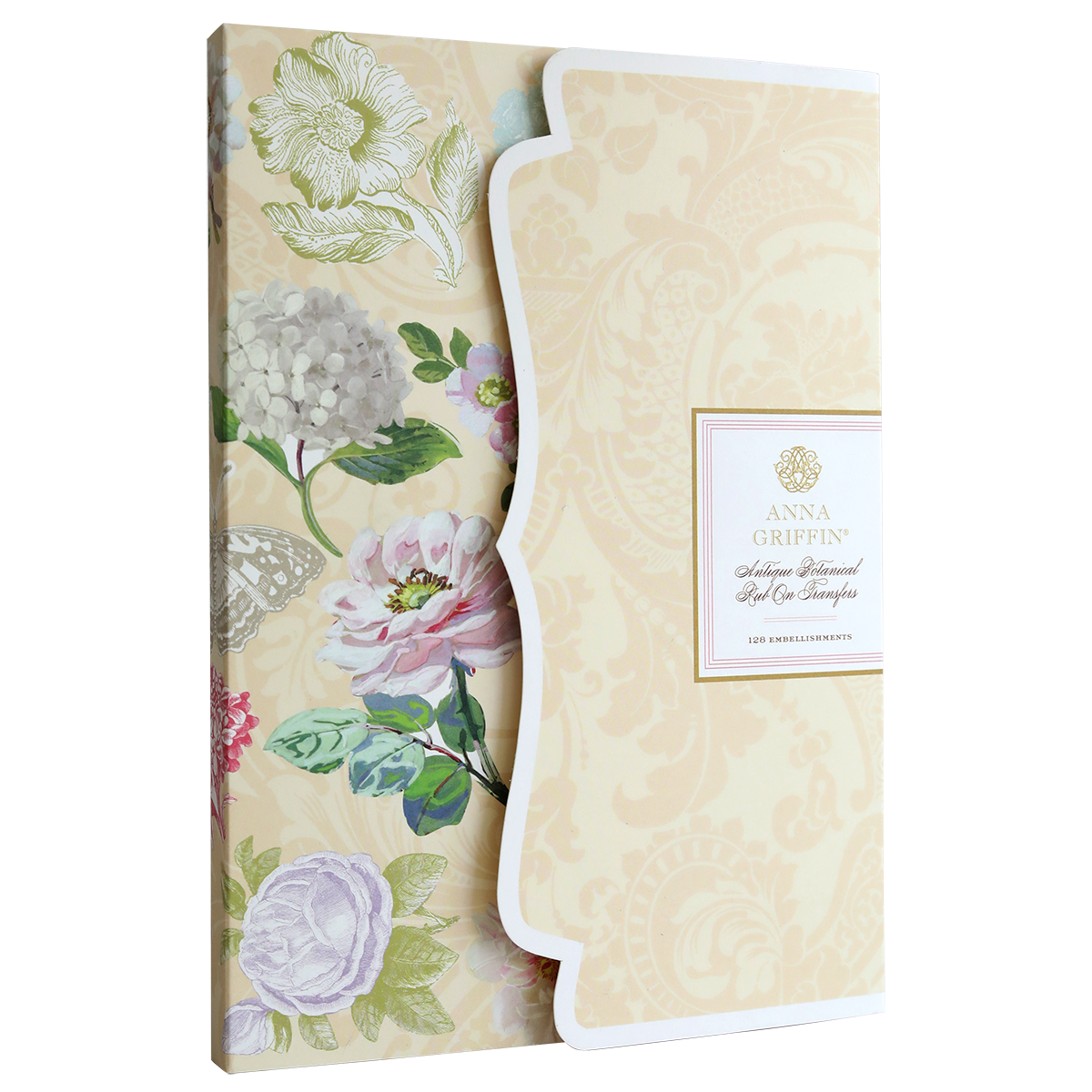Enhance scrapbook pages by pairing your Antique Botanical Rub On Transfers with the Anna Griffin "Antique Damask All Occasion Greetings" card set, featuring a floral-patterned box in ornate cream and gold.