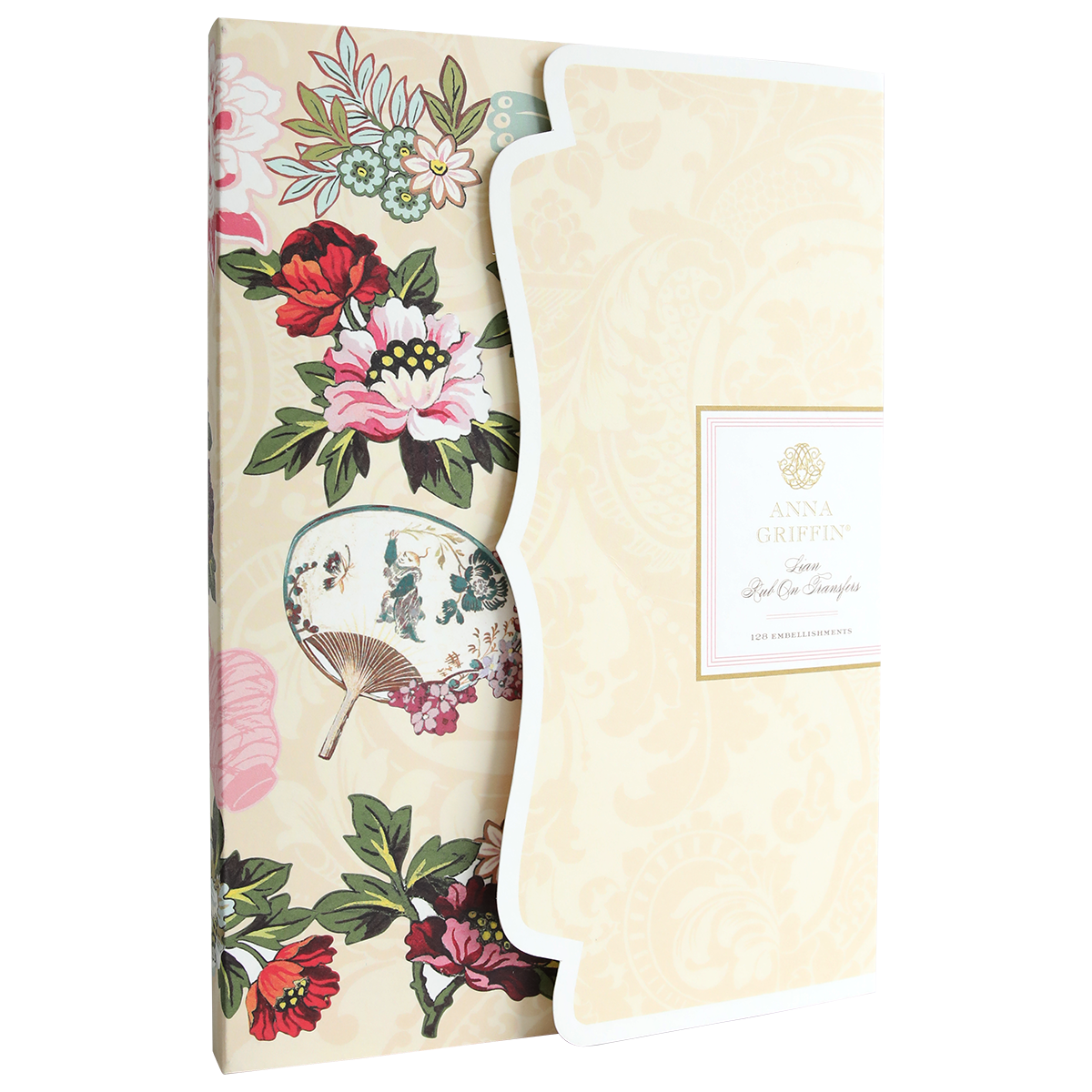 A decorative folder with a floral and fan pattern and an ornate cream cover, labeled "Anna Griffin" on the right—perfect for storing your Lian Rub On Transfers or scrapbook pages in style.