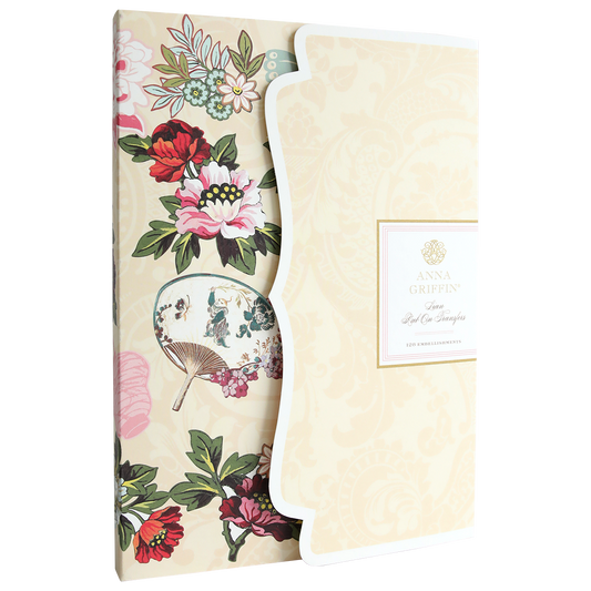 A decorative folder with a floral and fan pattern and an ornate cream cover, labeled "Anna Griffin" on the right—perfect for storing your Lian Rub On Transfers or scrapbook pages in style.