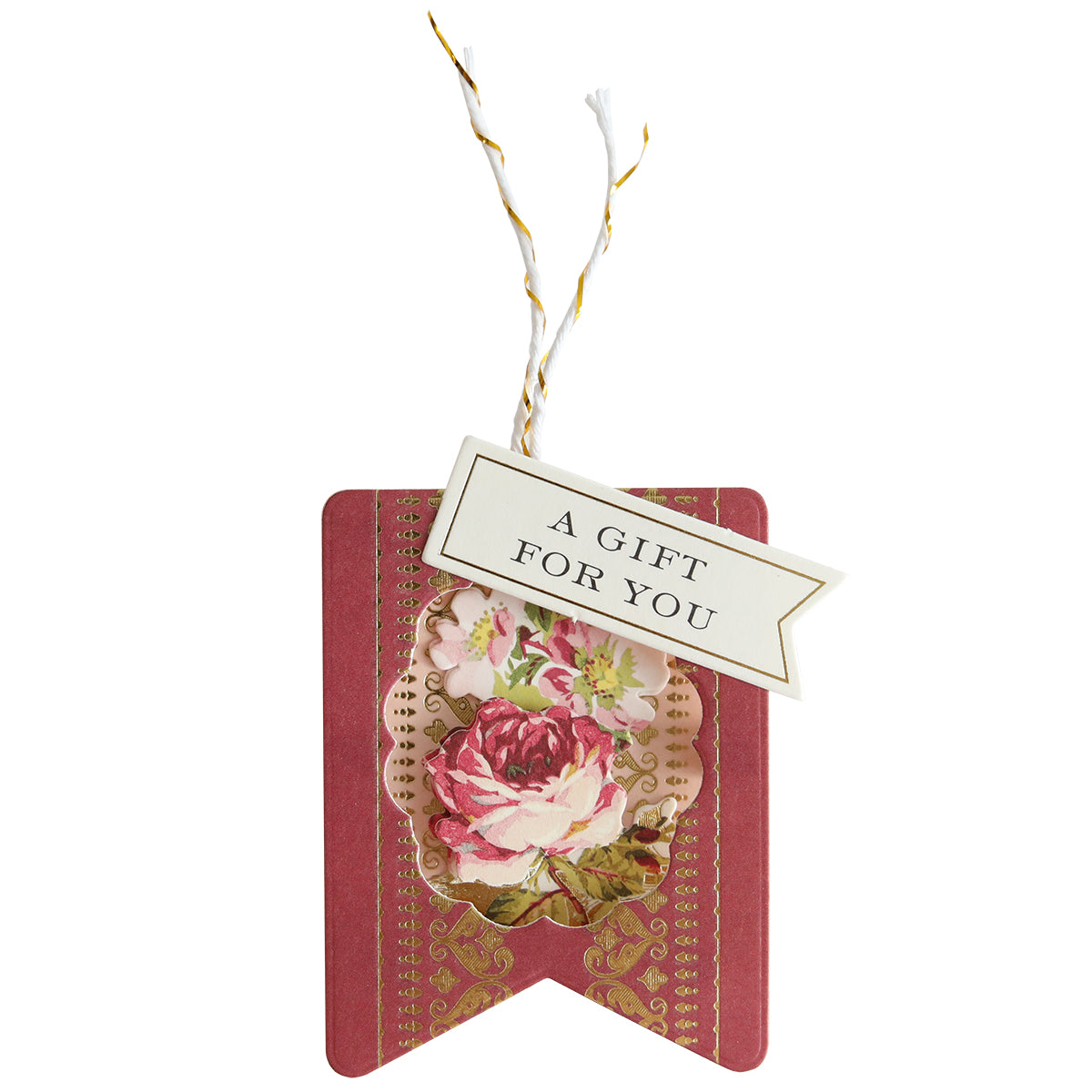 Tag Advent Birthday Refill: A pink and gold floral gift tag, ideal for DIY crafts or scrapbooking, features a cutout flower design and a "A GIFT FOR YOU" label on white card with a gold border.