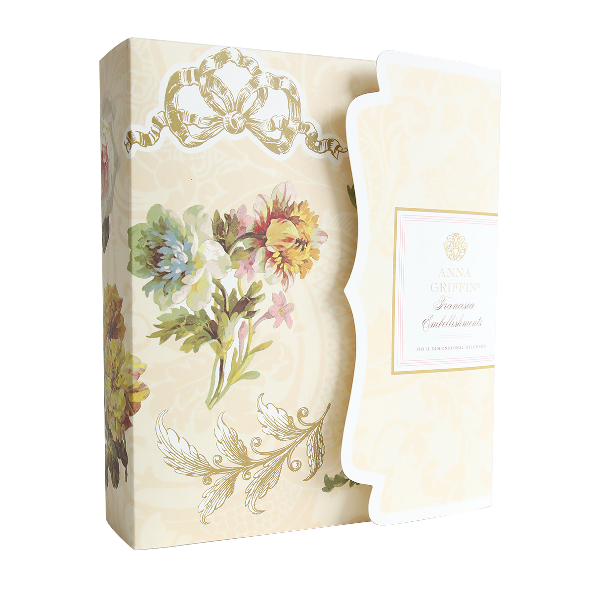 A decorative box with floral patterns and a gold ribbon illustration labeled "Francesca Embellishments," featuring dimensional floral stickers from the Francesca collection.
