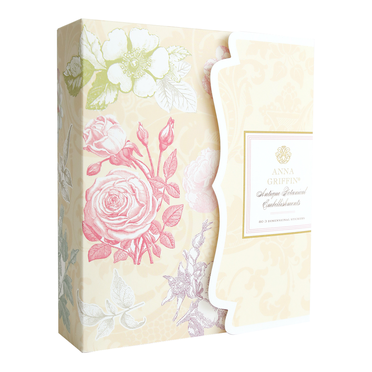 The Antique Botanical Embellishments box from the Francesca collection features pastel floral designs, a scalloped right edge, and an "Anna Griffin" label—perfect for storing your floral stickers or 3D embellishments.